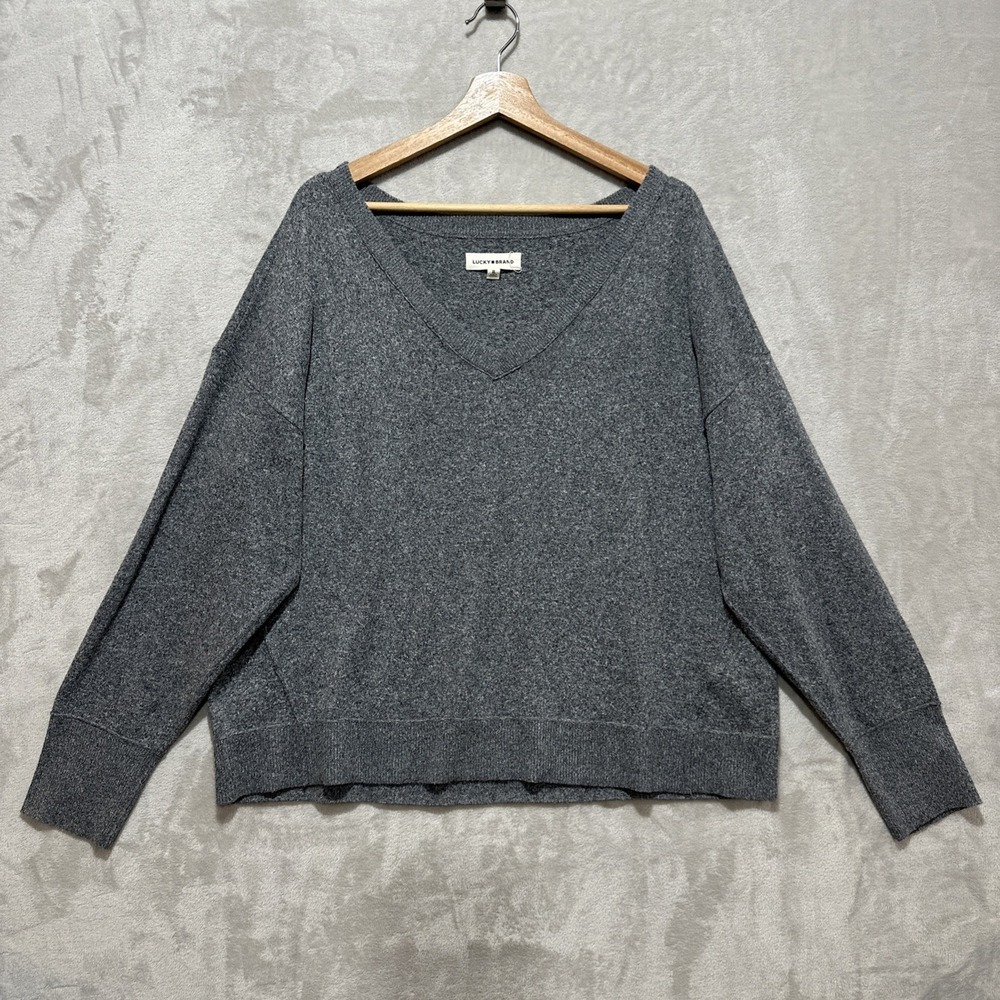 Lucky Brand Women's XL Soft Gray Ribbed V-Neck Long Sleeve Knit Pullover Sweater